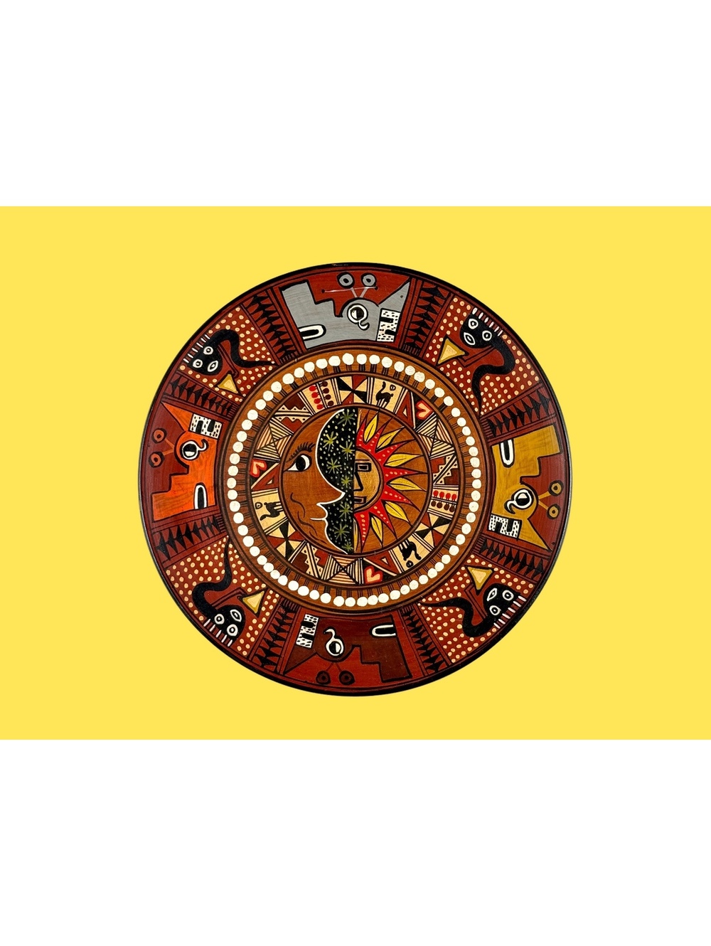 Vintage Peruvian Hand Painted Wood 8in Plate Pisac Cusco Sun Moon Folk Wall Art